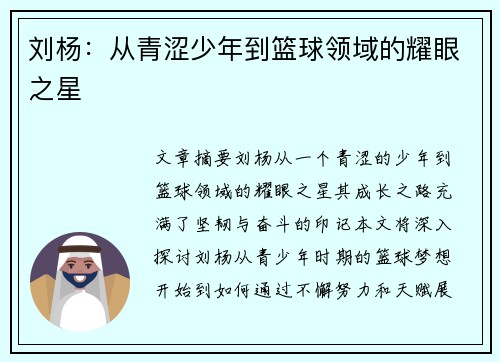 刘杨：从青涩少年到篮球领域的耀眼之星